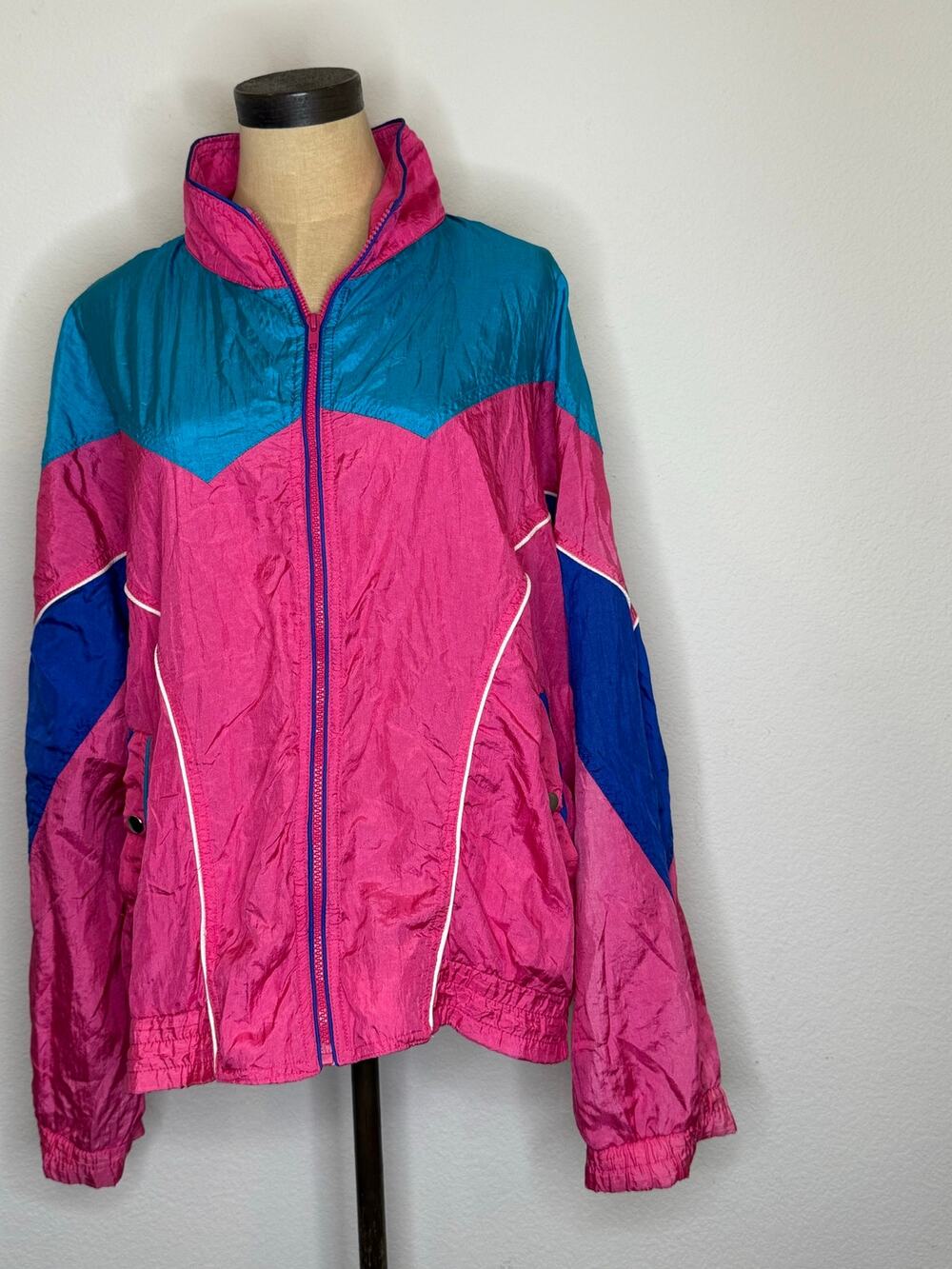 Vintage 80’s nylon Jacket by Rick Creek Casuals Pink Teal Purple Women’s XL